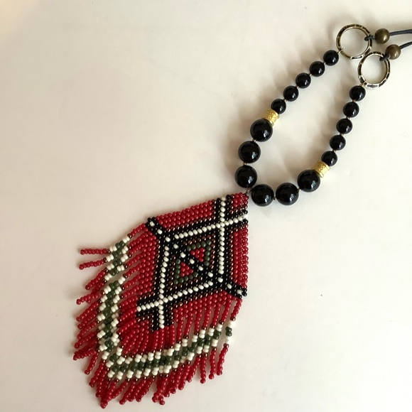 Onyx beaded boho festival necklace with handmade beaded pendant - Picture 1 of 4